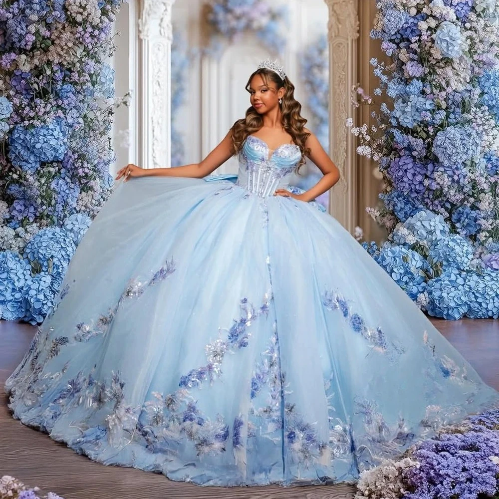 Customized Graceful Exquisite Blue Quinceanera Dress DressesCrystal Glitter Flower Decal 3D Flower Long Tail Bow Vestidos Gowns