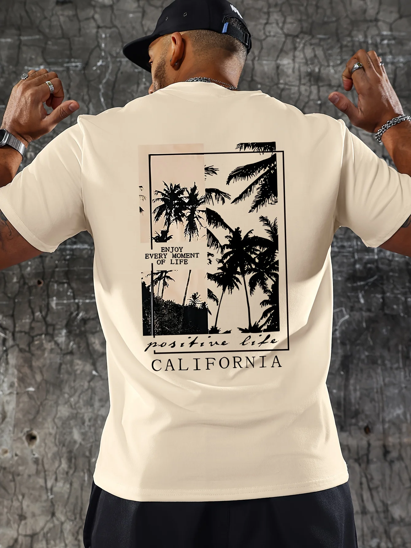 Men's summer 100 cotton fashionable casual loose fit plus palm tree pattern printed vacation round neck short sleeved T-shirt