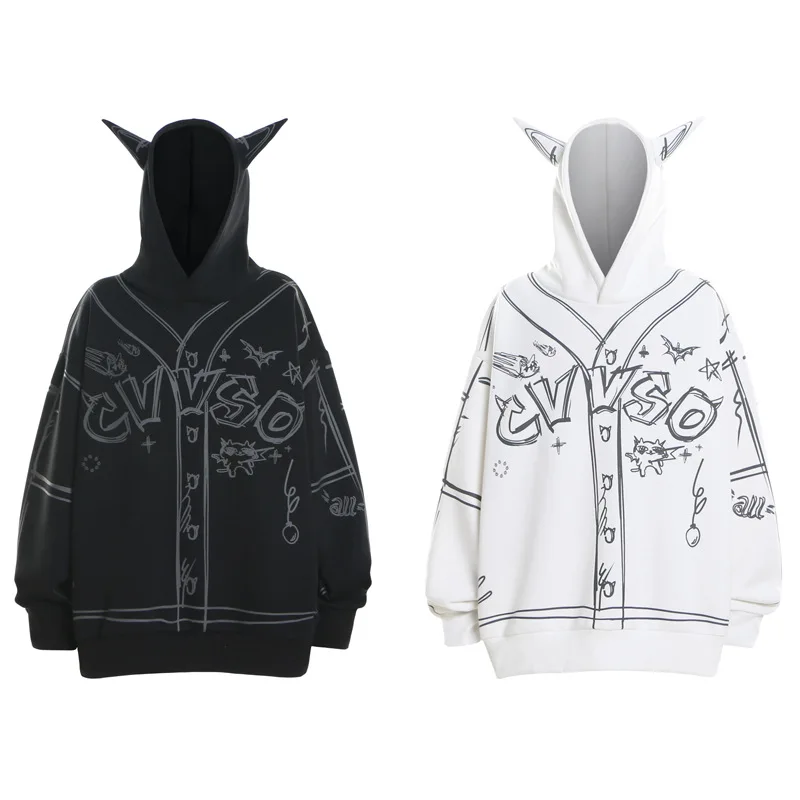 Devil Horn Funny Hoodie Men Winter Fleece Graffiti Sweatshirt Hip Hop Streetwear 2023 new Harajuku Hoodies