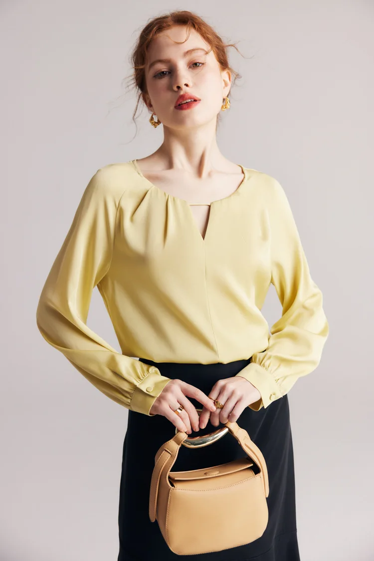 90% Natural Silk 10% Spandex Women's Blouse O Neck Long Sleeves Sexy Keyhole Fashion Blouse Tops
