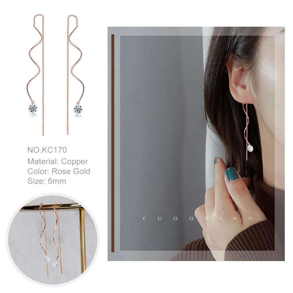 Simple Spiral Ear Line Earrings For Women AAA+ Cubic Zirconia Rose Gold Color Fashion Earings Jewelry Xmas Gift KC170