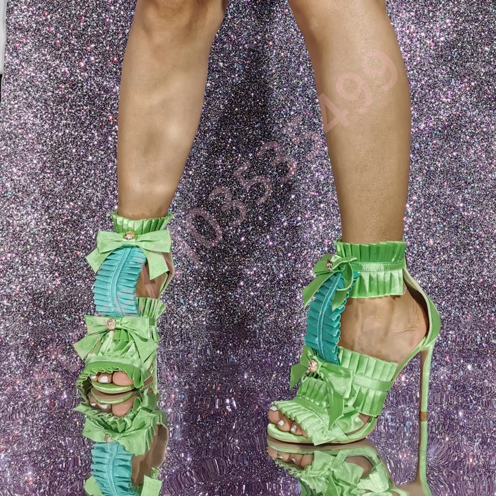 

Sweet Satin Pleated Bow Ladies Sandals 2025 Summer New Open Toe Elegant Party Catwalk Stiletto Street Fashion Zipper Sandals