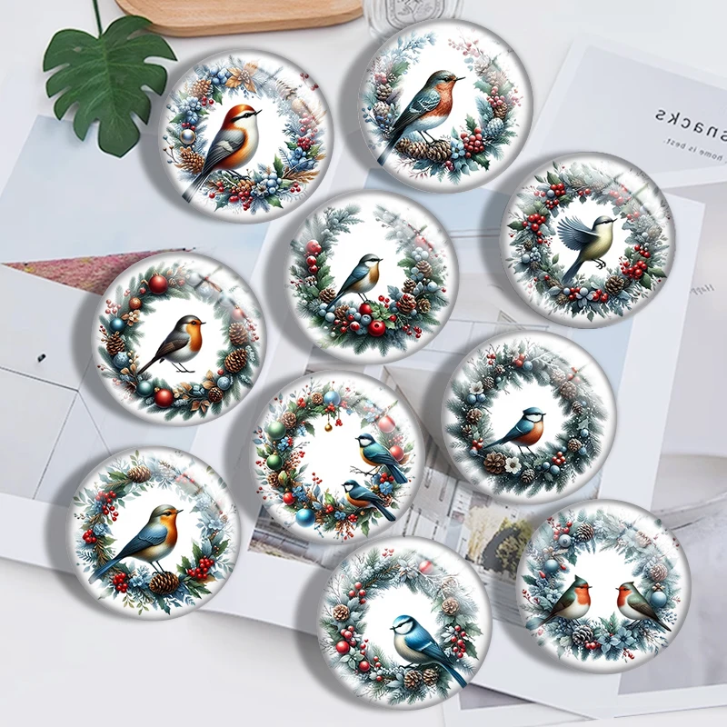 Watercolor Christmas Bird 10pcs 12mm14mm/16mm/18mm/20mm/25mm Round Photo Glass Cabochon Demo Flat Back Making Findings Jewelry