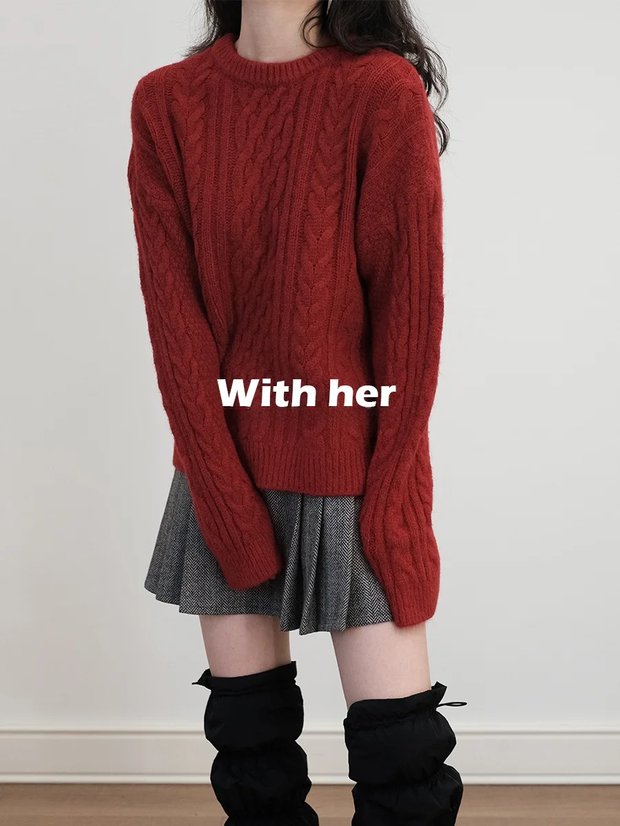 

Простой круглый вязаный свитер-накидка из шерсти, повседневный свободный крой, женский вязаный топ, новогодний красный, с узором «косичка»