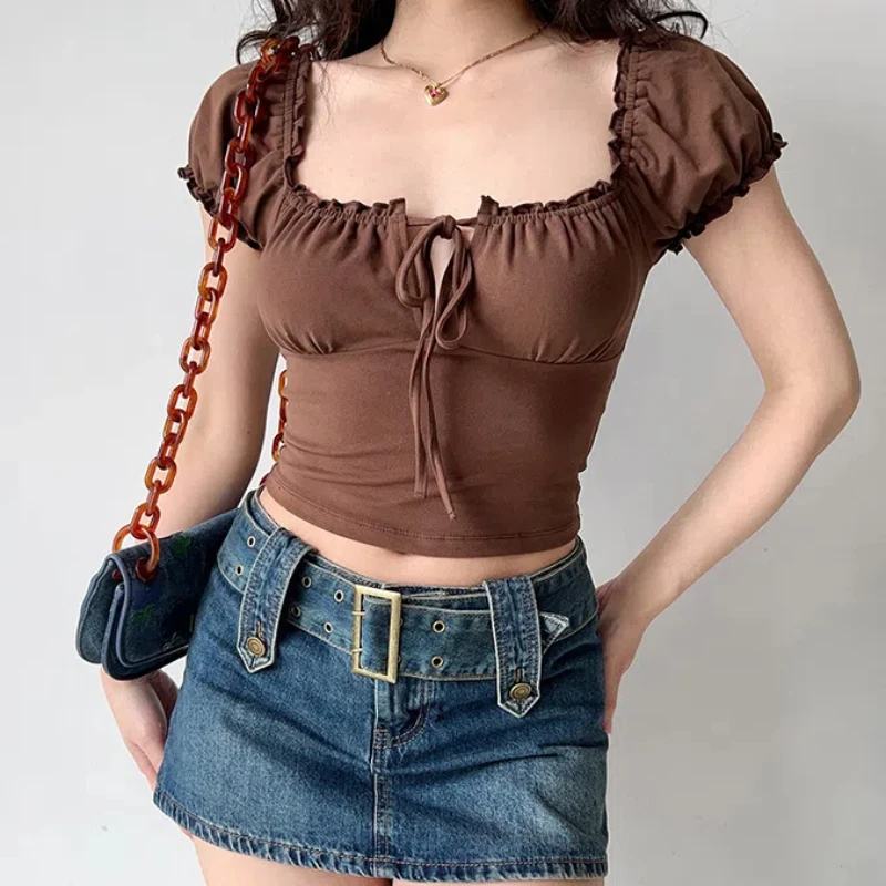 2024 Summer New Large Fashion Hollow Lace Up Square Neck Bubble Sleeve Short Sleeve T-shirt Women's Slim Fit Short Top