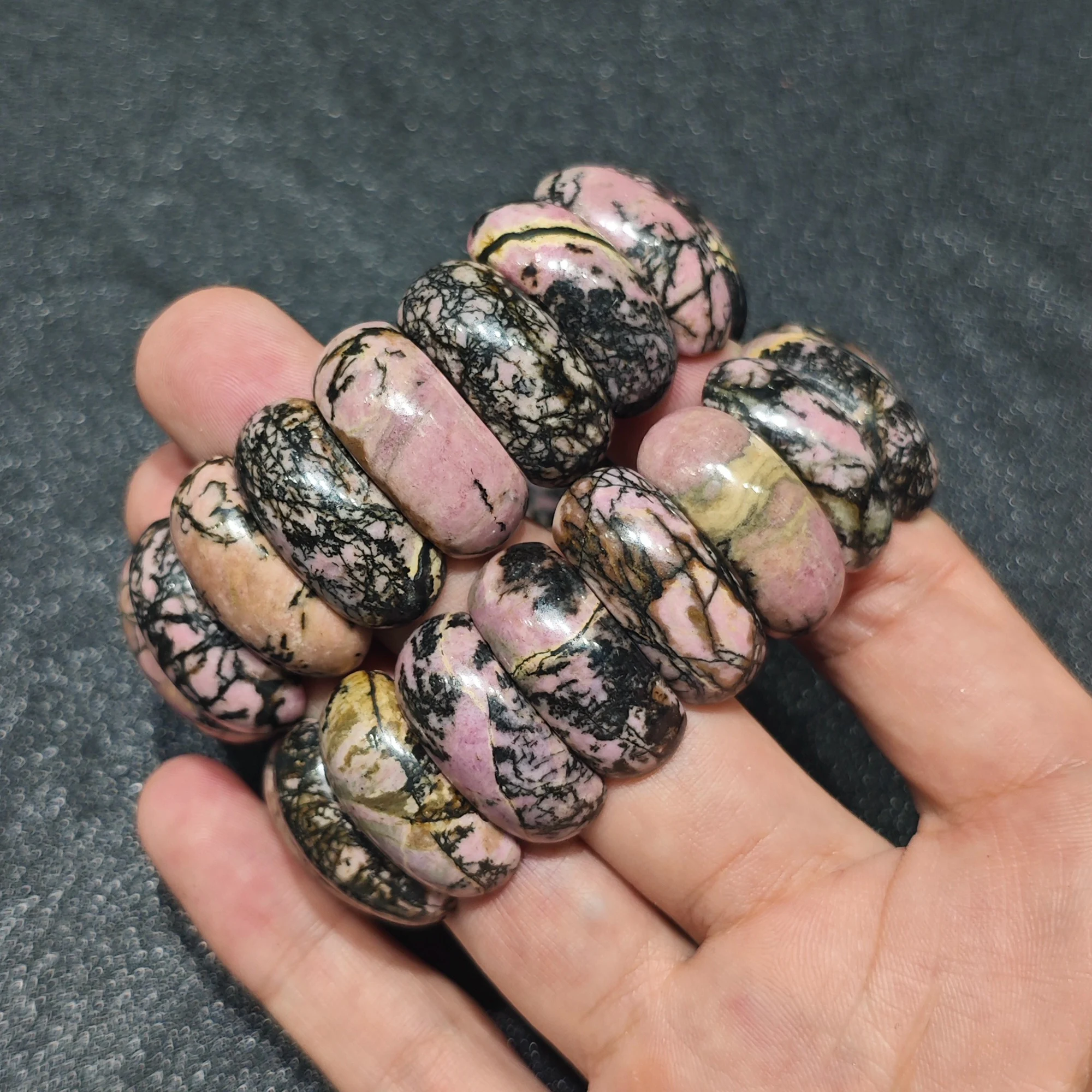 Natural Rhodonite Bar Bracelet Gemstone Oval Curved Slab Cuff Rose Pink Black Web Matrix Crystal Jewelry Supply 1 Piece