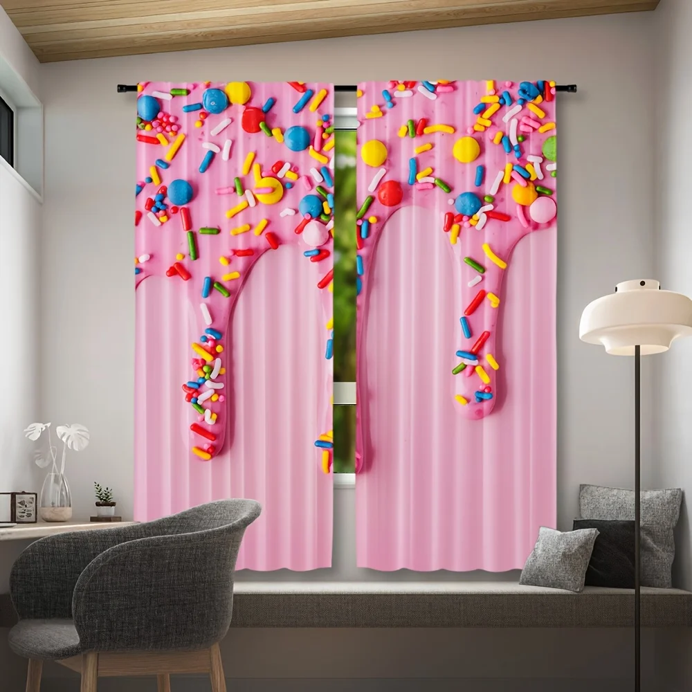 Pink Dripping Cream Candy Blackout Rod Pocket Curtain Colorful Sprinkle Dessert Decor Girl Homestay Snack Rest Bay Window