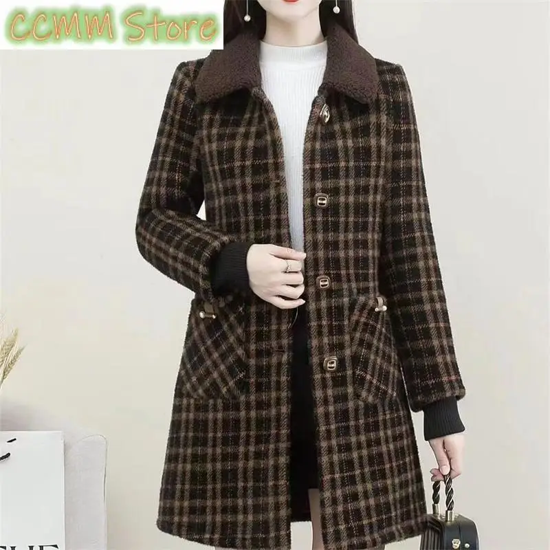 New Plaid Jacket Integrated Plush Medium Length Coat For Women Autumn Winter Fashion Arctic mink Thick Coat Female Red