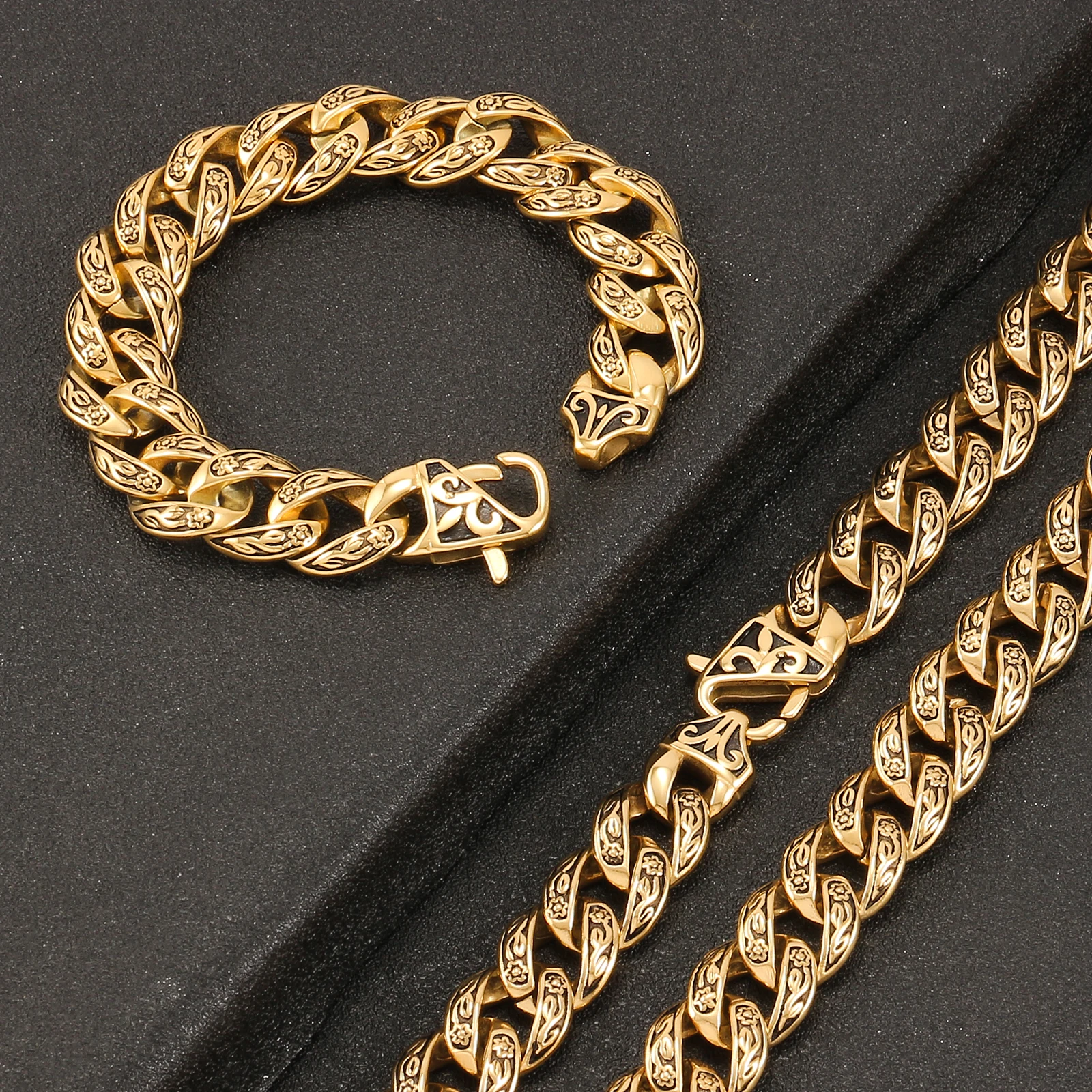 15mm Wide Vintage Cuban Link Chain Necklace Bracelet Retro Tattoo Jewelry 316L Stainless Steel Fashion Accessories