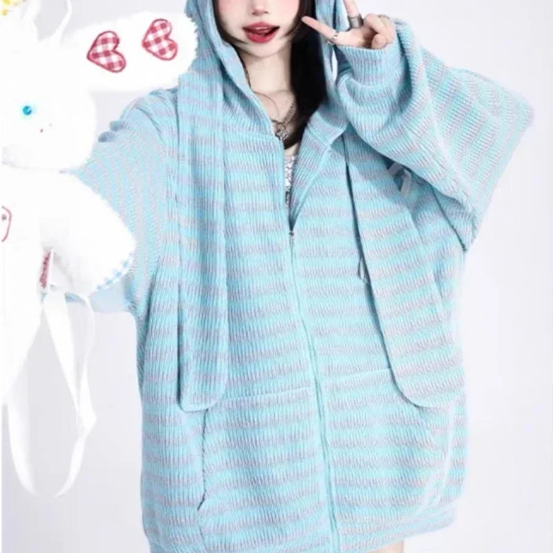 Deeptown Kawaii Bunny Ear Striped Knitted Hoodies Women Harajuku Y2k Zip Up Sweatshirts Japanese Style Autumn Winter Hoodies