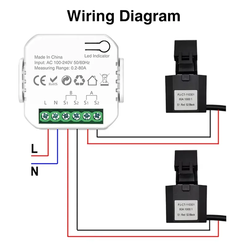 A98E-2X Tuya Wifi Smart Meter เครื่องวัดพลังงานดิจิตอล 80A Current Transformer พลังงานแสงอาทิตย์ PV การผลิตเชื้อเพลิง Monitor 2CT