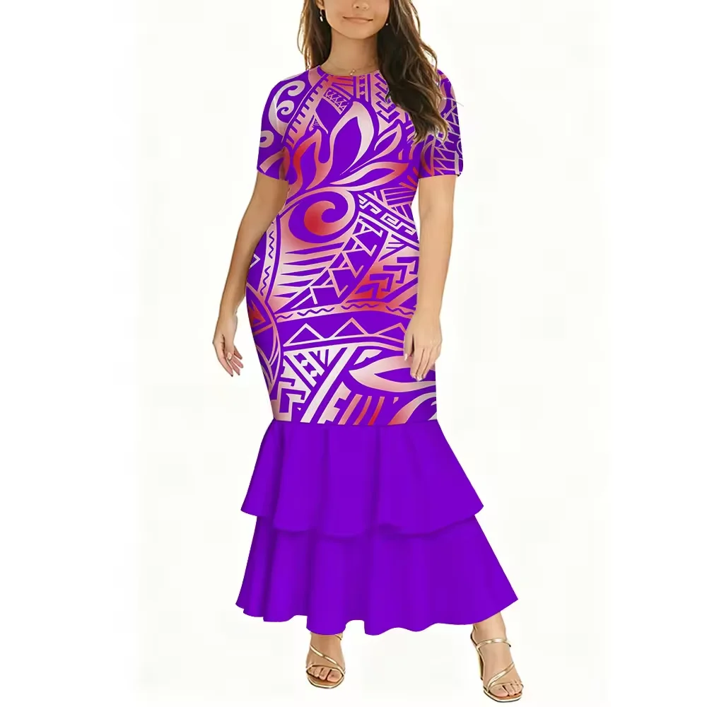 1MOQ Customized New Zealand Design Short Sleeve Dress Tonga Polynesian Tribal Lady Double Layer Fishtail Dress Isalnd Clothing