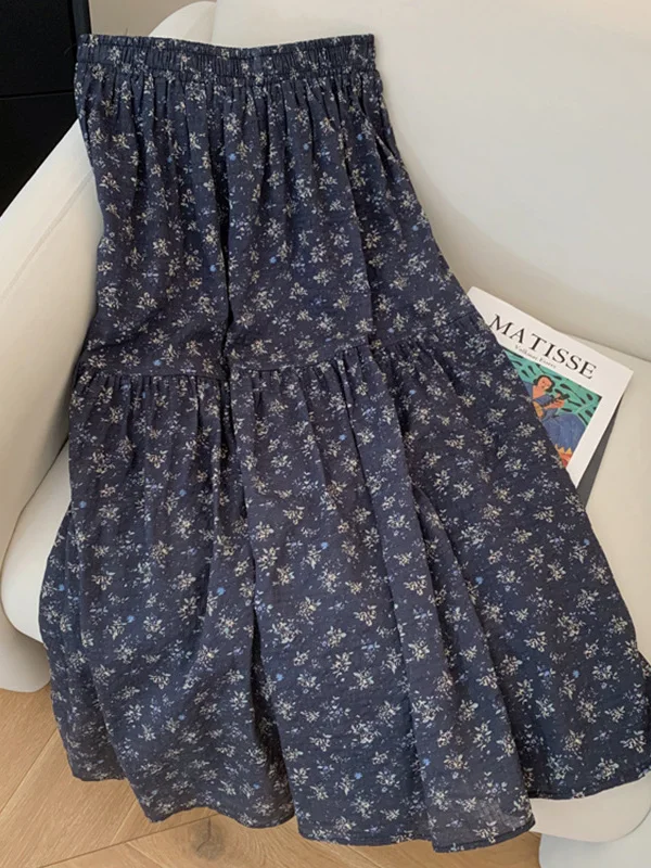 Retro Floral Cotton Linen Half Skirt Women's Autumn Drape Splicing Slimming Younger A-Line Umbrella Skirt High Waist Elastic ...