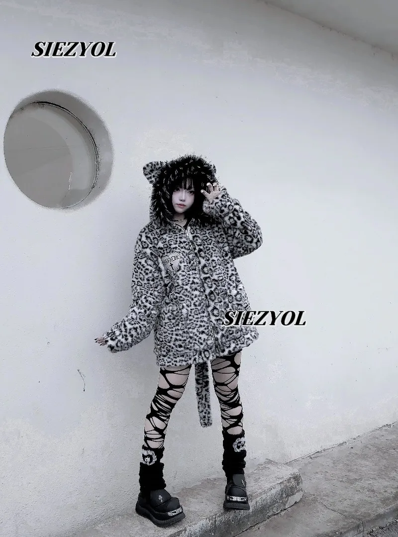 Hooded Winter Clothes Coat Original Design New Sweet Thermal Mink Leopard Print Fashion Versatile Zipper Medium and Long Jacket