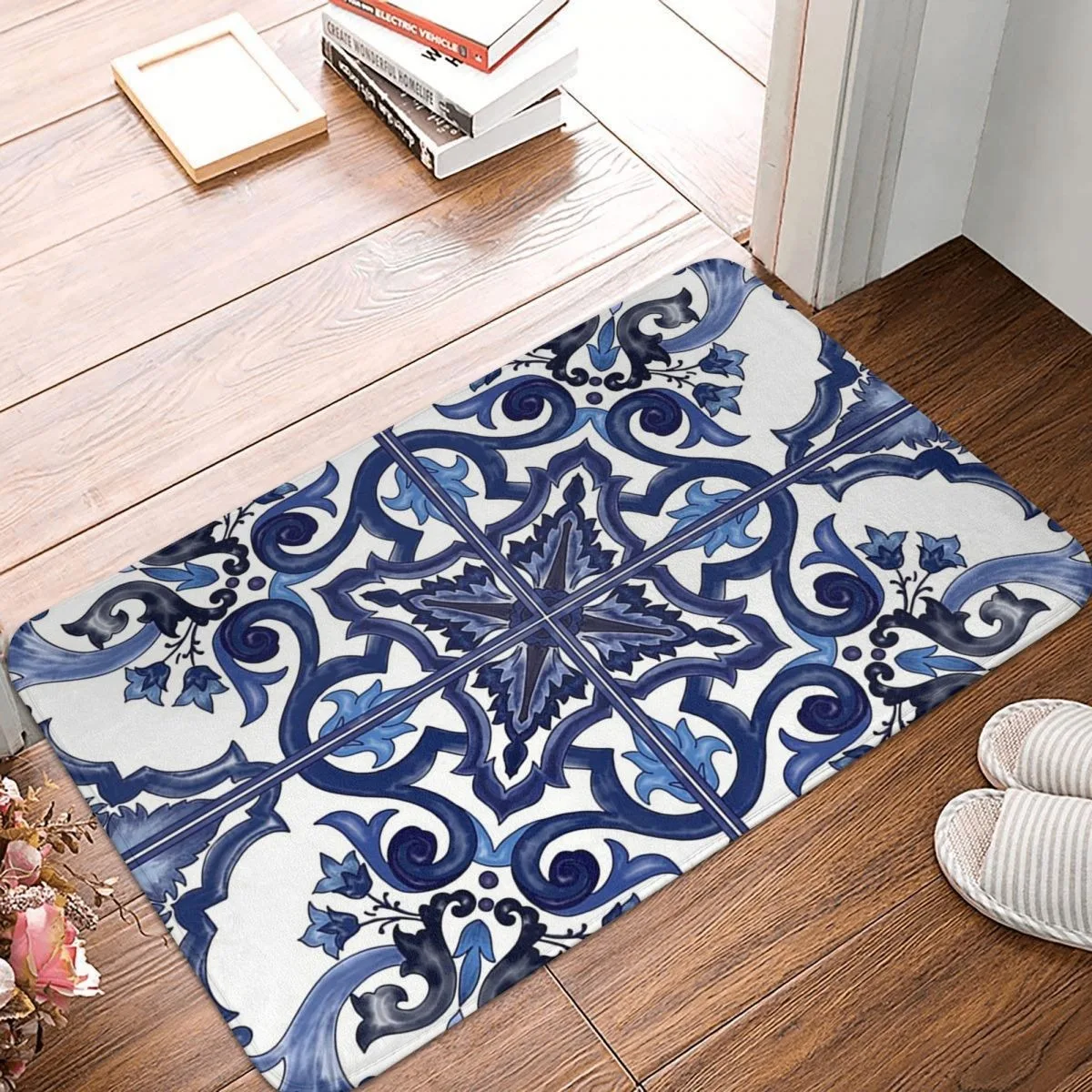 

Blue Ornate Floral Carpet Mediterranean Sicilian Tile Doormat Floor Mat Rug for Kitchen Entrance Bedroom Non-slip Floor Mat