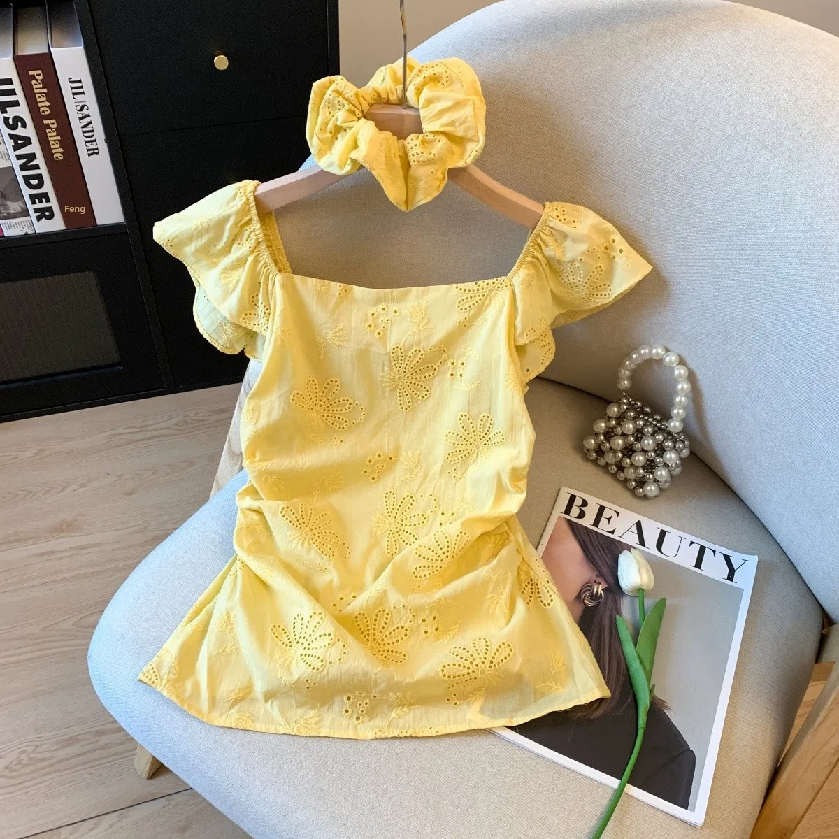 

Желтая женская укороченная рубашка с вырезом на талии, топ Dopaamine, антивозрастной, летняя новинка, из кружевной/шелковой смеси, стандартная длина рукава