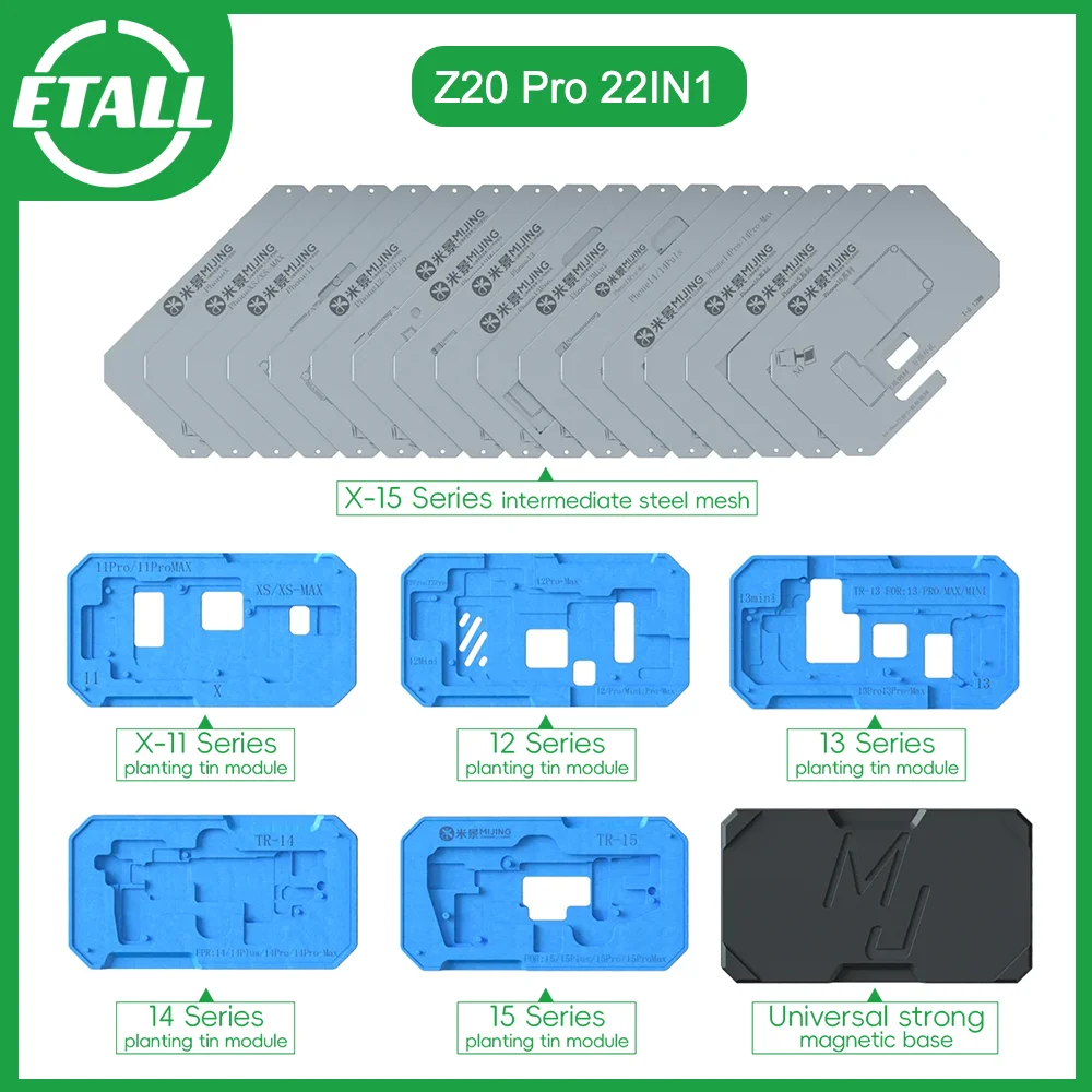 

Mijing Z20 Pro 22IN1 Middle Frame BGA Reballing Stencil Platform for IPhone X-15 ProMax Motherboard Soldering Repair Fixture Kit