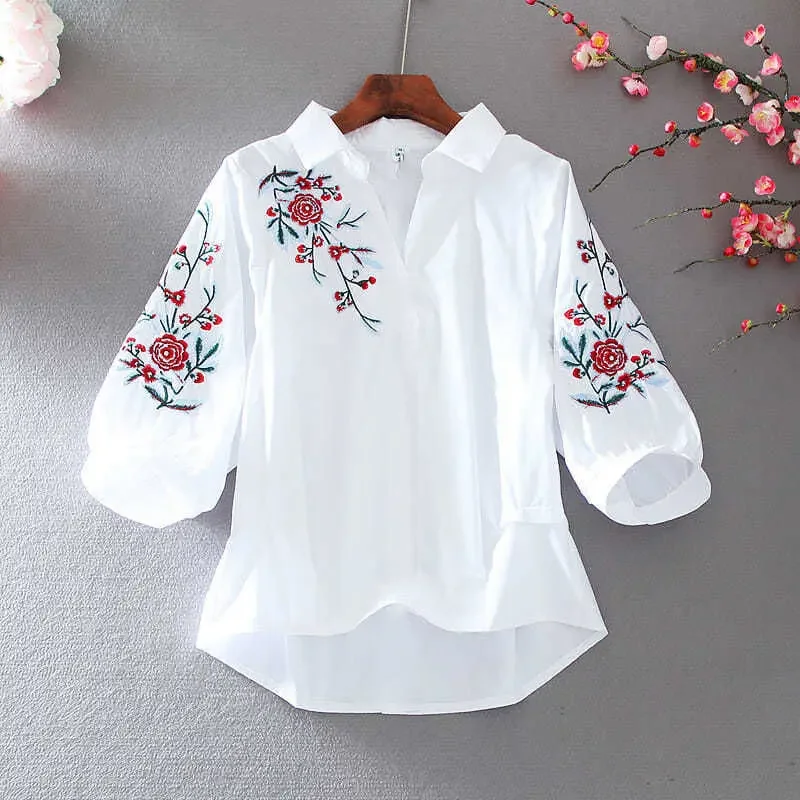 Blusa estilo retrô feminina, lapela bordada solta, meia manga, manga lanterna, top de cintura alta, verão