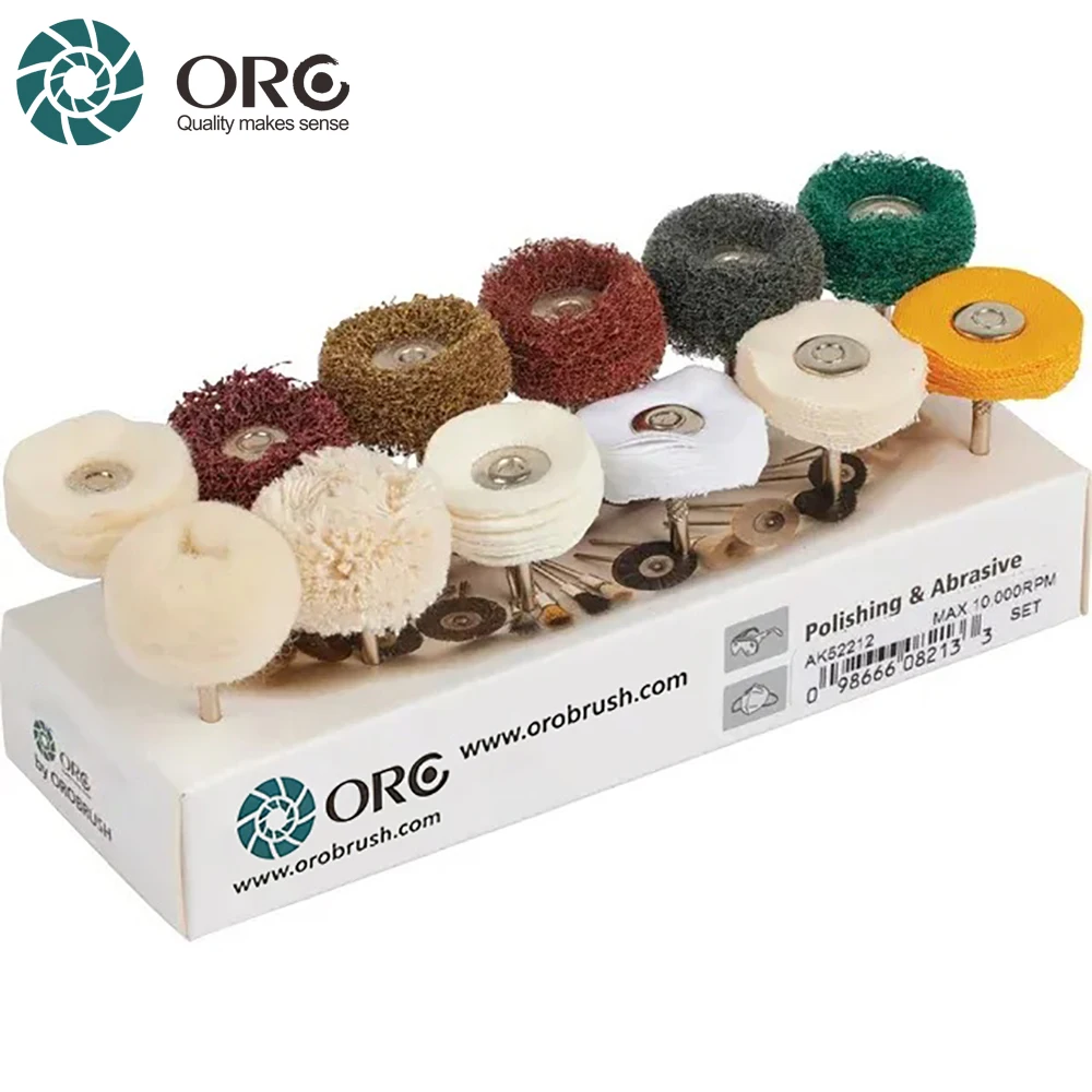 ORO 12Pcs Assorted Surface Treatment Buff Set 2.35mm Shank Mixed Grit Nylon Muslin Suede Wheel for Satin Matte Mirror Finishing