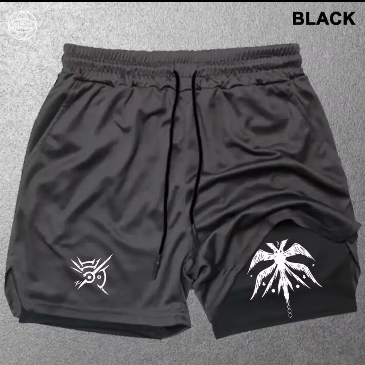 

​​black Mens Casual Shorts with White Abstract Logo Print Blue Pink Anime Character Portrait Elastic Waistband Drawstring Otaku