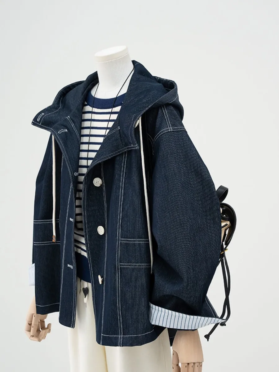 deep-blue-casual-striped-patchwork-jacket-women's-spring-new-loose-fashion-two-piece-set-comfortable-breathable-outerwear