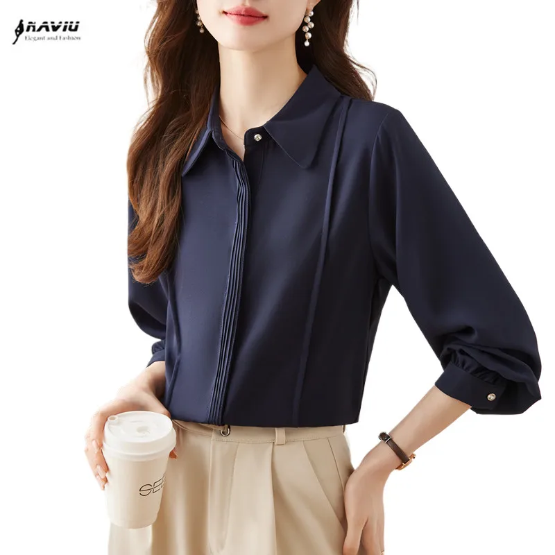 NAVIU Spring Women Shirts Office Female White Navy Blue Fashion Elegant Turn-down Collar Long Sleeve Chiffon OL Blouses Tops