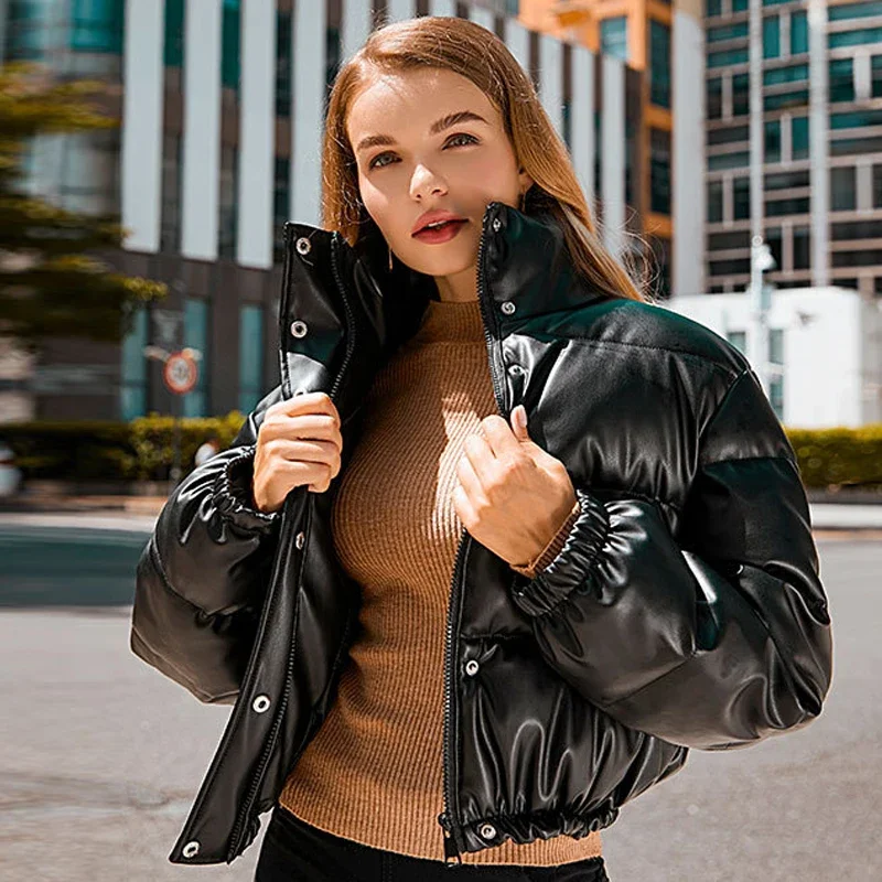 Winter Warm Thick PU Leather Coats Women Short Parkas Fashion Black Cotton Padded Lady Down Jacket Elegant Zipper Clothes 2024