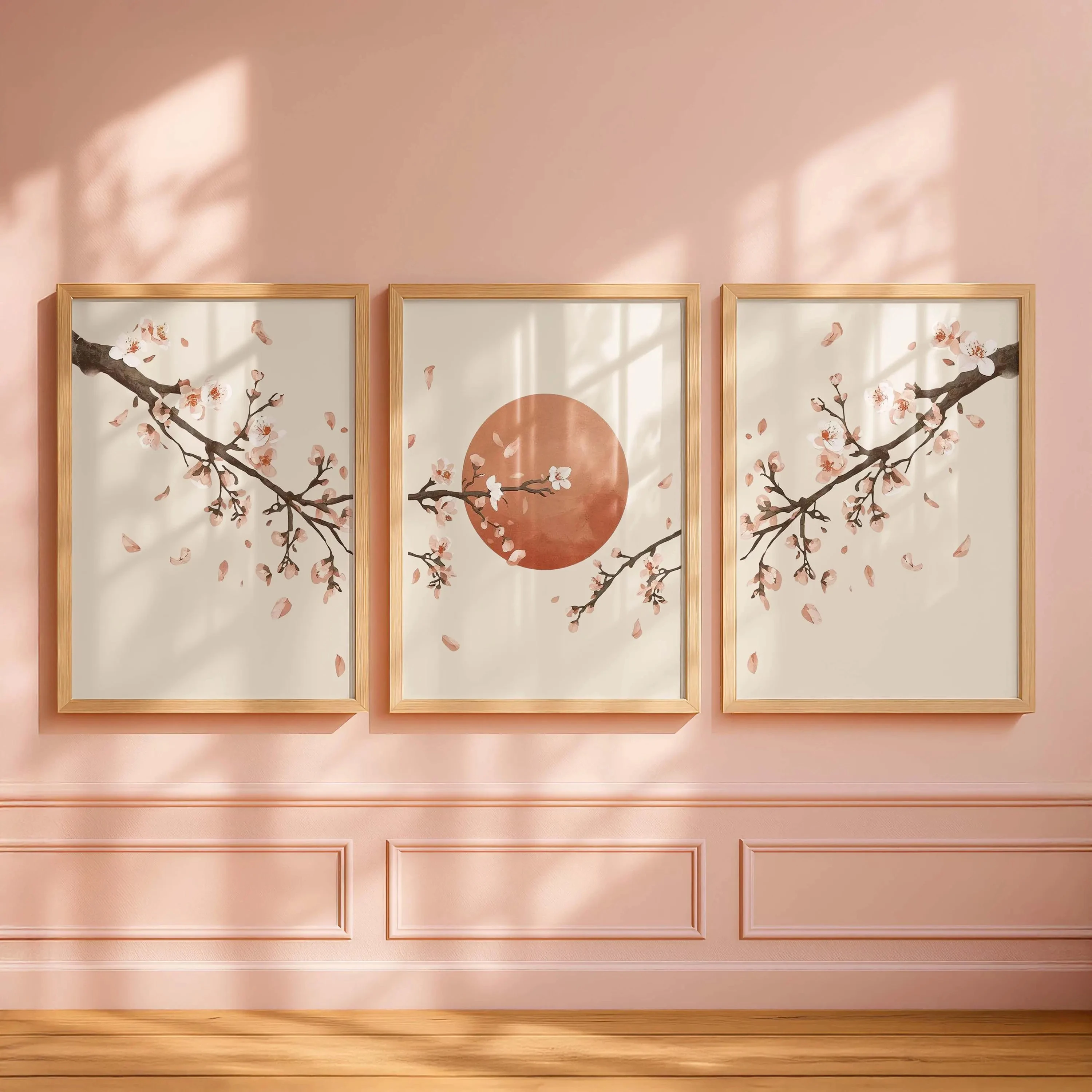 3pcs (No frame),Japandi Sakura Triptych Wall Art, Set of 3 Cherry Blossom Prints, Japanese Sun Canvas, Minimalist Zen Neutral Li