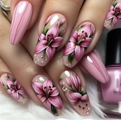 24Pcs White French Fake Nails with Glitter Rose Pattern Press on False Nails Gold Edge Line Design Artificial Nail Tips Art Long