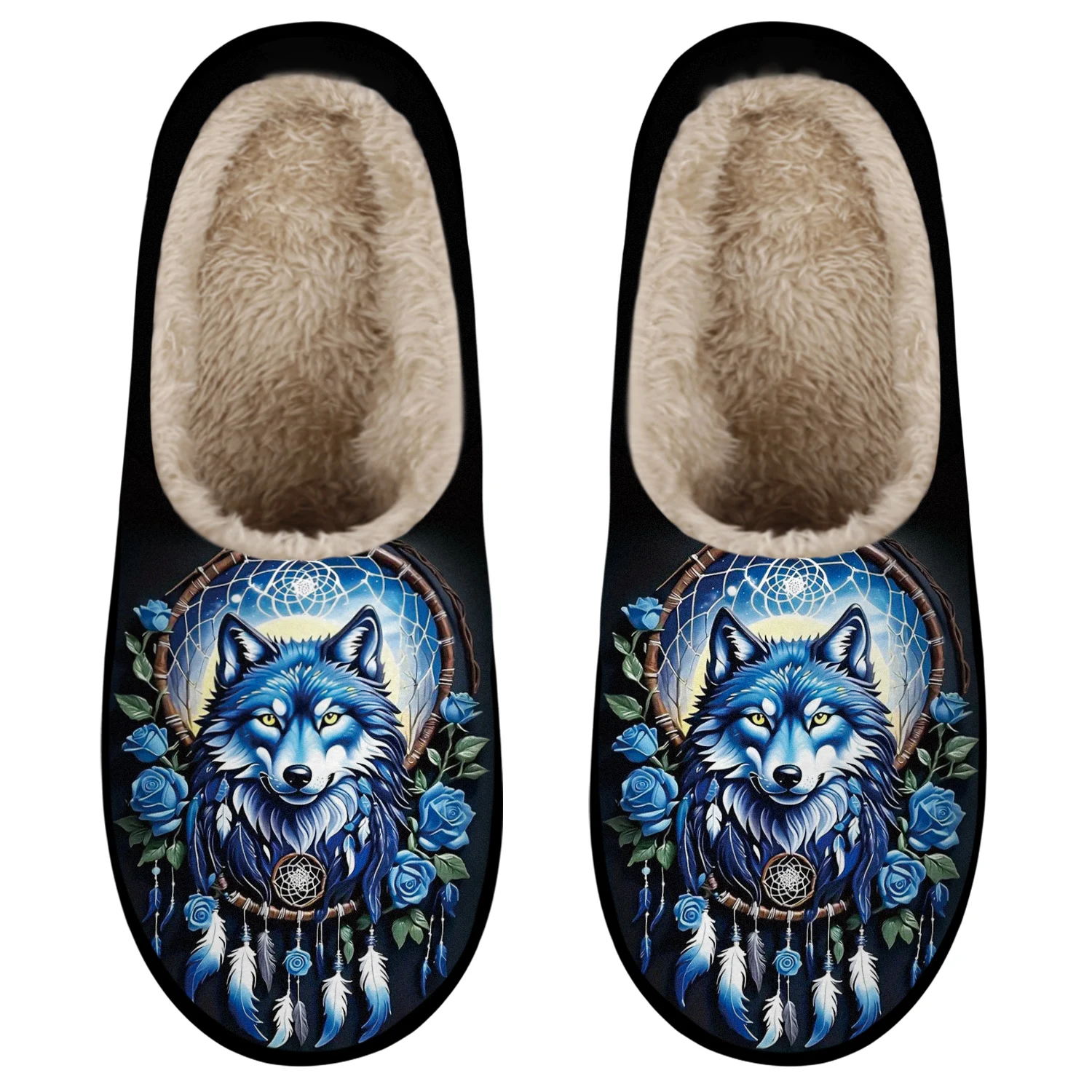 شبشب Cozy Wolf Dreamcatcher للنساء - نعل شتوي ناعم غامض داخلي/خارجي مع نعل مطاطي غير قابل للانزلاق،
