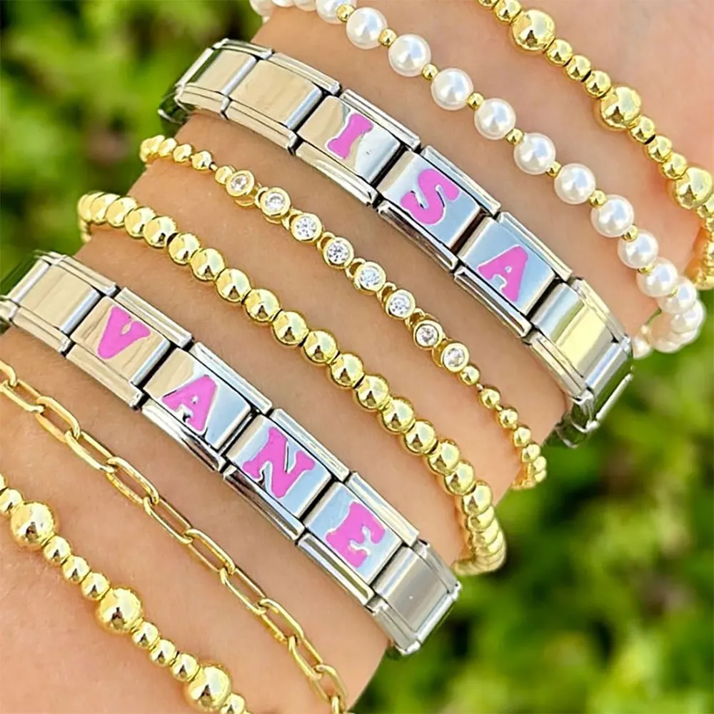 Customized DIY Name Y2k Pink Color 26 English Letters A-Z Italian Bracelet Link Charm Fit 9mm Stainless Steel Bracelet Jewelry