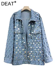 DEAT Women's Denim Coat Diamond Shape Rhinestone Sequins Single Breasted Do Old Blue Jackets 2024 Autumn New Fashion 29L7377