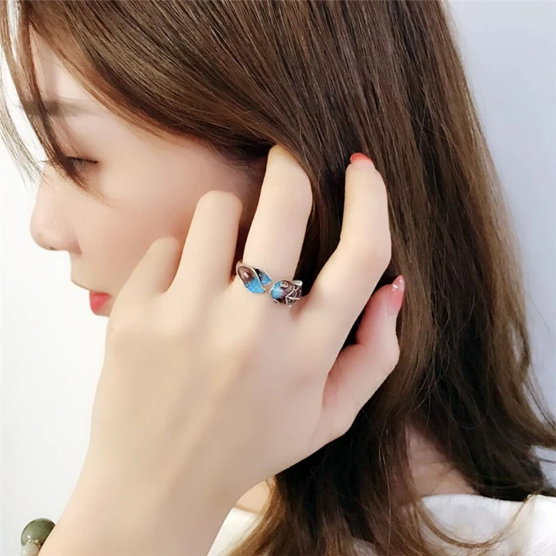 Sole Memory Colored Drip Glaze Carp Fish Good Luck 925 Sterling Silver Female Resizable Opening Ring For Women RI588