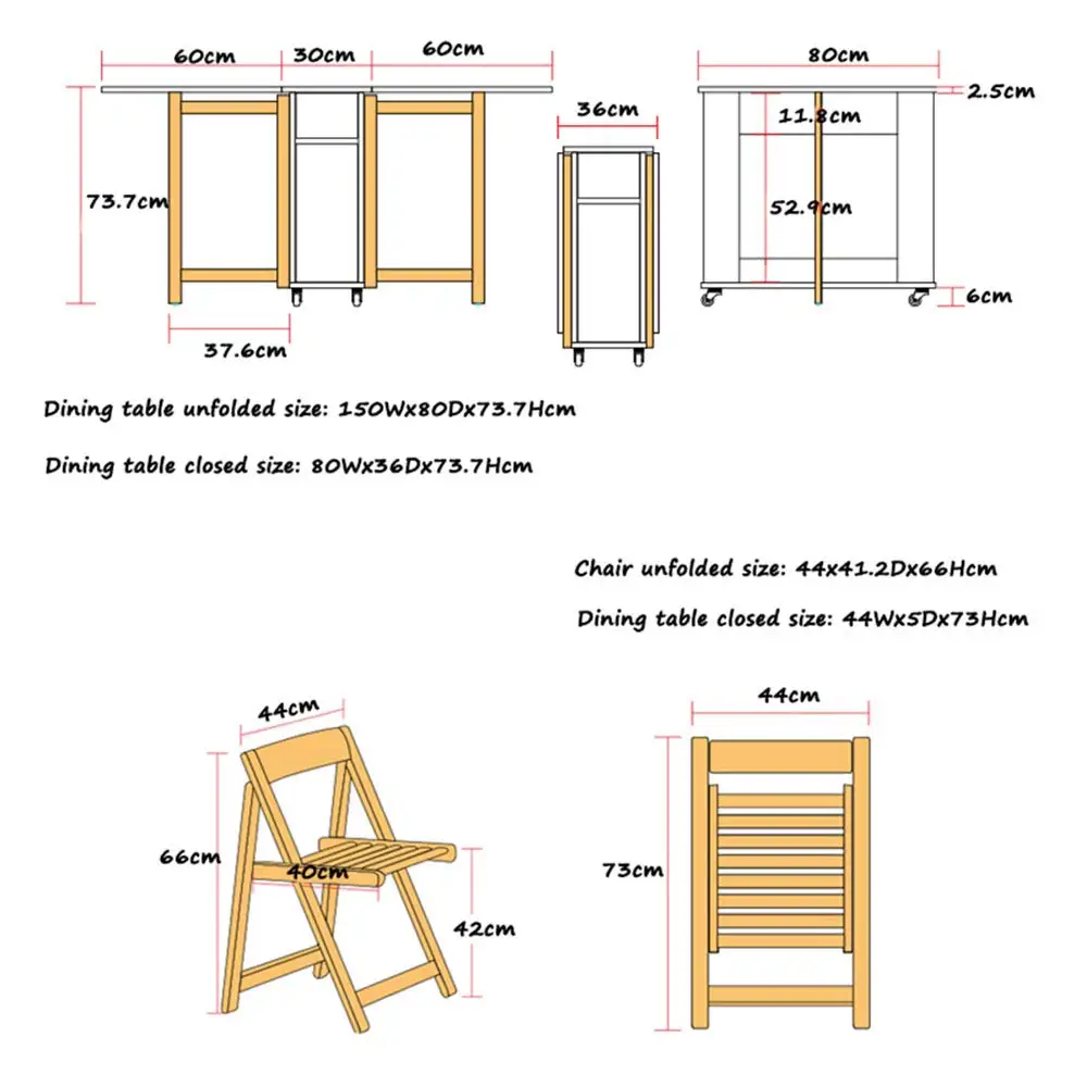 Folding Table And Chair-small Apartment Retractable Table, Can Accommodate 4 Folding Chairs, 4-6 People, Yellow And White