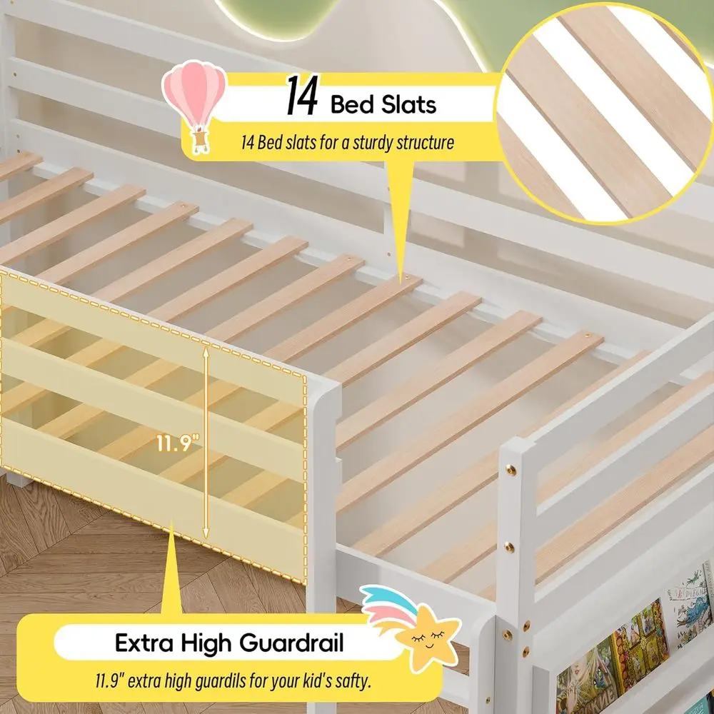 Łóżko piętrowe dla dzieci, rozmiar twin, na podłogę, z półkami i pełnymi poręczami, biała drewniana rama do sypialni, akademików.