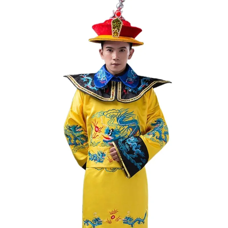 الملابس التقليدية الصينية الجديدة الإمبراطور الأمير تظهر سلالة تشينغ الإمبراطور تأثيري البدلة رداء مع قبعة زي حجم واحد