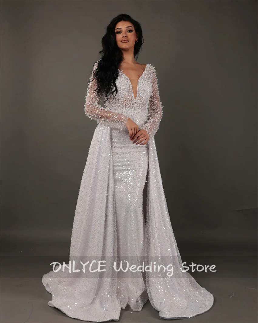 

Sparkly Mermaid Wedding Dress Long Sleeves Detachable Train Crystal Pearls Beading Robe De Mariee Bridal Gown