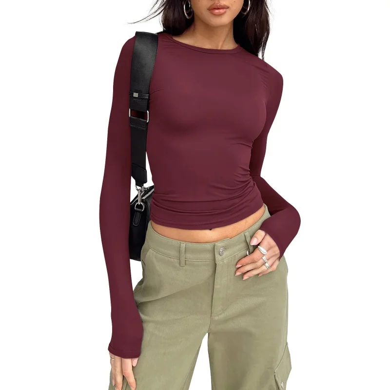 

2025 new European and American women's casual spring and autumn solid color slim long-sleeved t-shirt