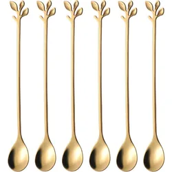 6pcs/Set Long Handle 7.4-Inch Leaf Teaspoons Gold Stainless Steel Coffee stirring spoon Kitchen Tools