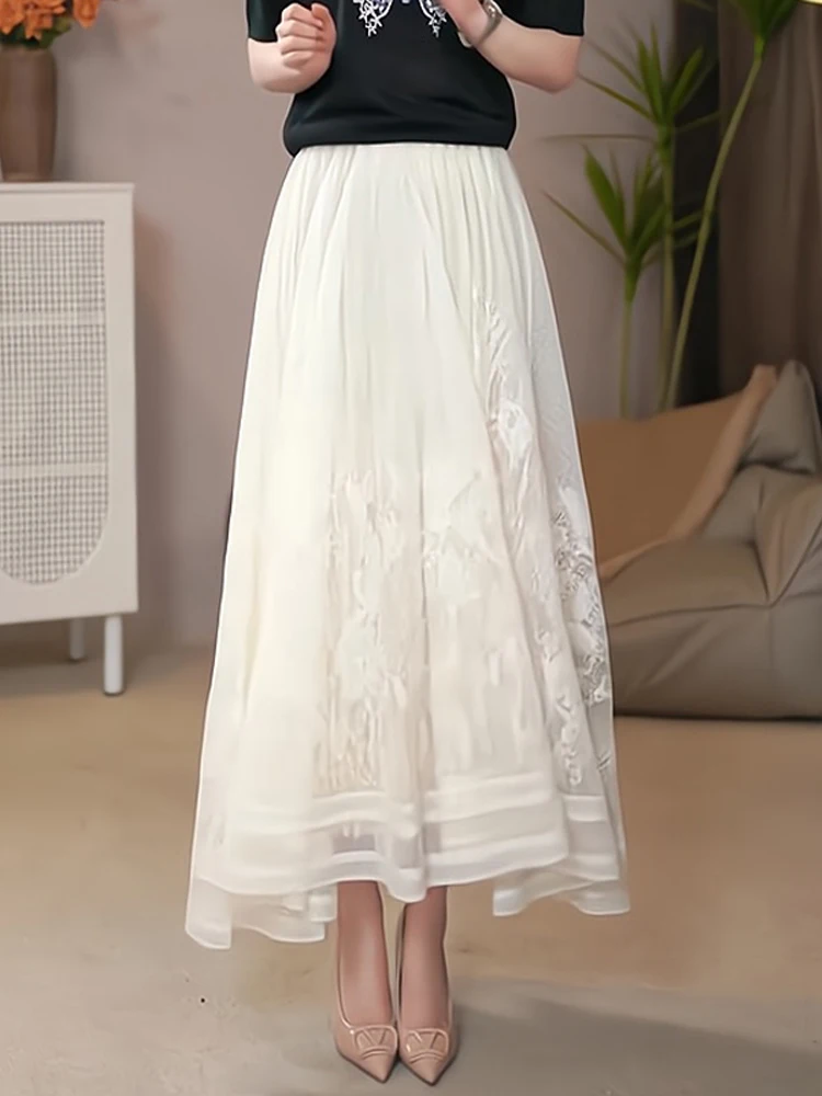 

High Waist A-Line Skirt Women's Summer Faion Heavy Embroidery Lace Two-Sided Wear Slimming Loose Fit Ele f-length Skirt