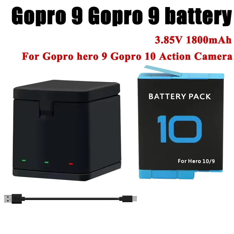 

1800mAh Battery for GoPro hero10 +LED 3-Slots Charger with Type-C Port For GoPro Hero 9 Go Pro 10 Sport Cameras