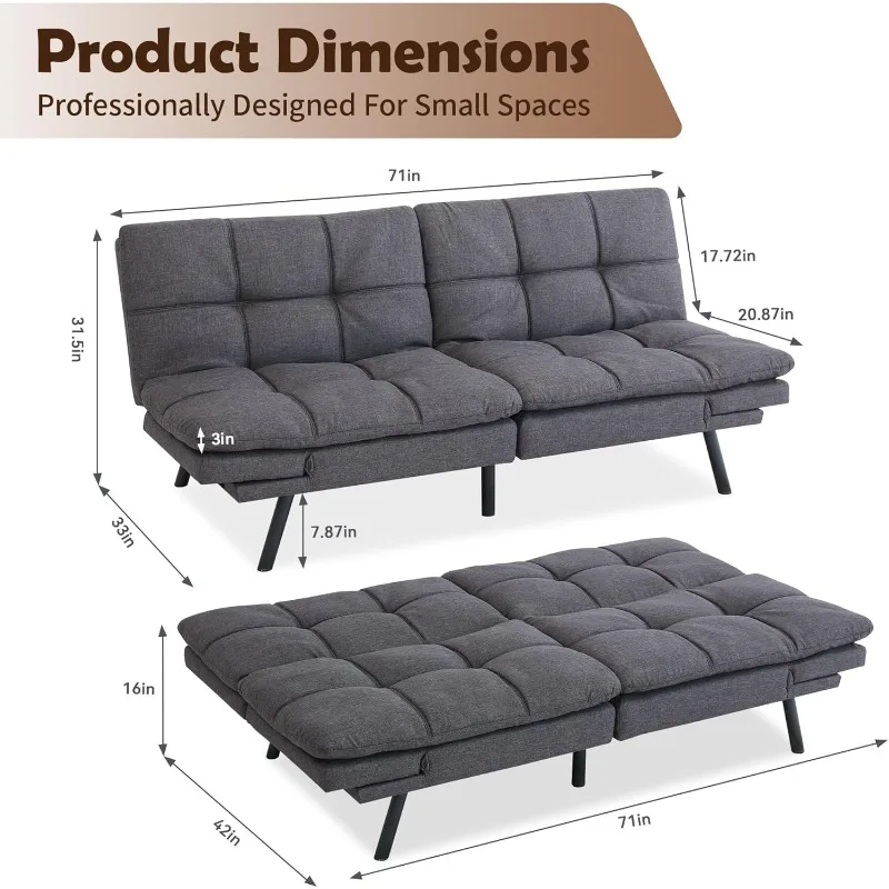 Futon Sofa Bed,Grey Convertible Couch Memory Foam Futon Convertible Couch Bed Sofa Sleeper Love Seat Daybed Sofa for Living