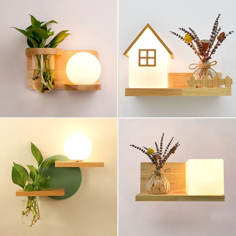 

Nordic bedroom wall lamp bedside living room background wall decoration study aisle balcony Japanese solid wood plant wall lamp