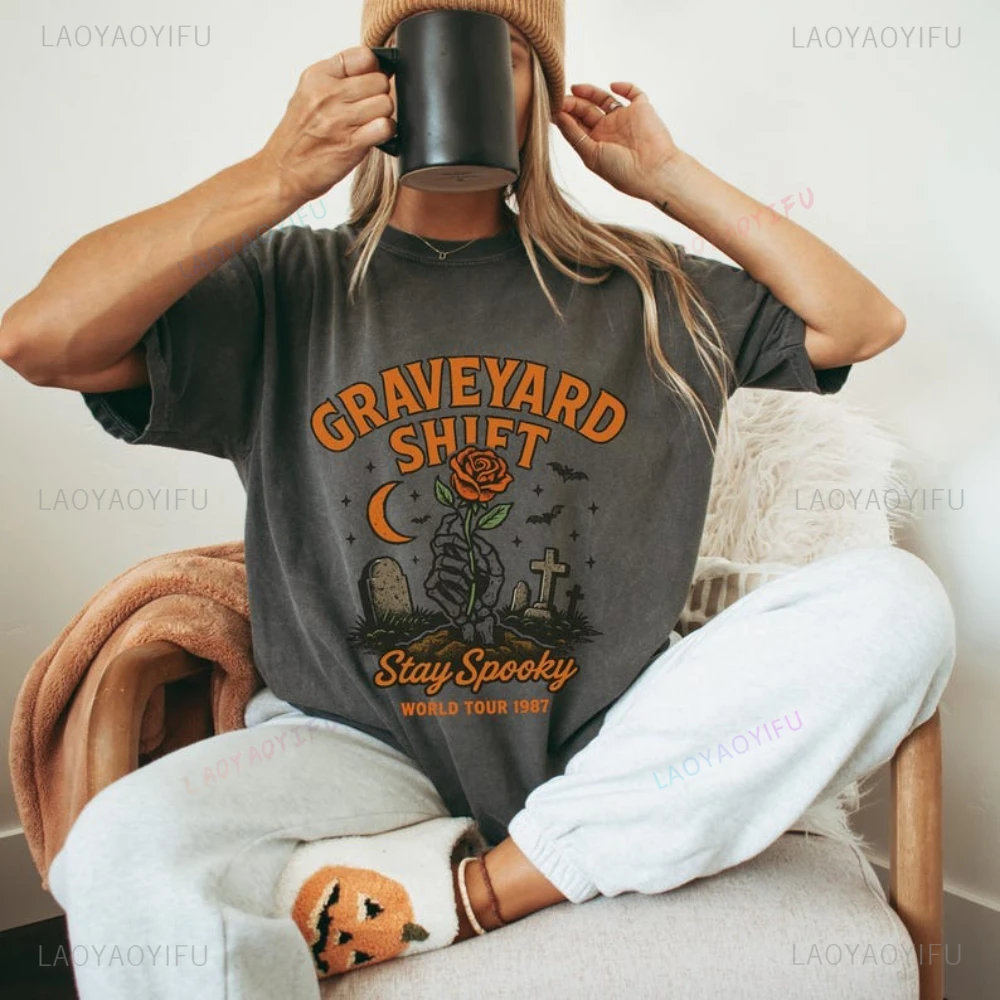 Halloween Graveyard Spooky Band T Shirt Skeleton Skull Vintage Goth Graphic T Shirts Woman Man Cotton Tops Fashion Streetwear