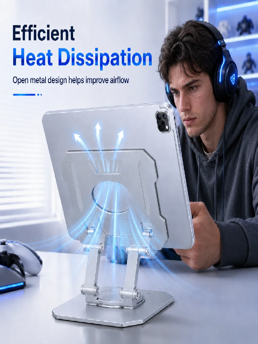 Rotating Metal Tablet Stand, Multi‑Angle Adjustable Foldable Holder for iPad Phone Switch