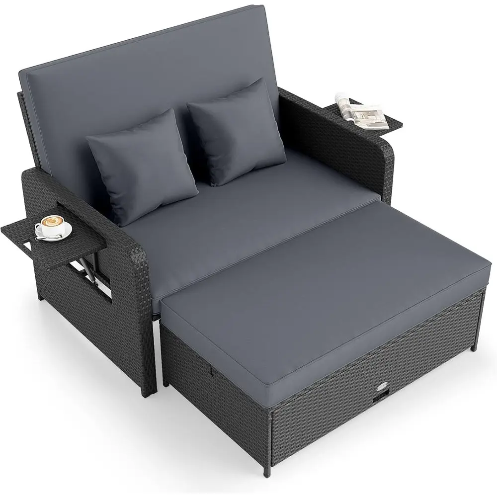 Grey Outdoor Rattan Daybed with Adjustable Backrest, Storage Ottoman, and Side Tray for Balcony and Poolside