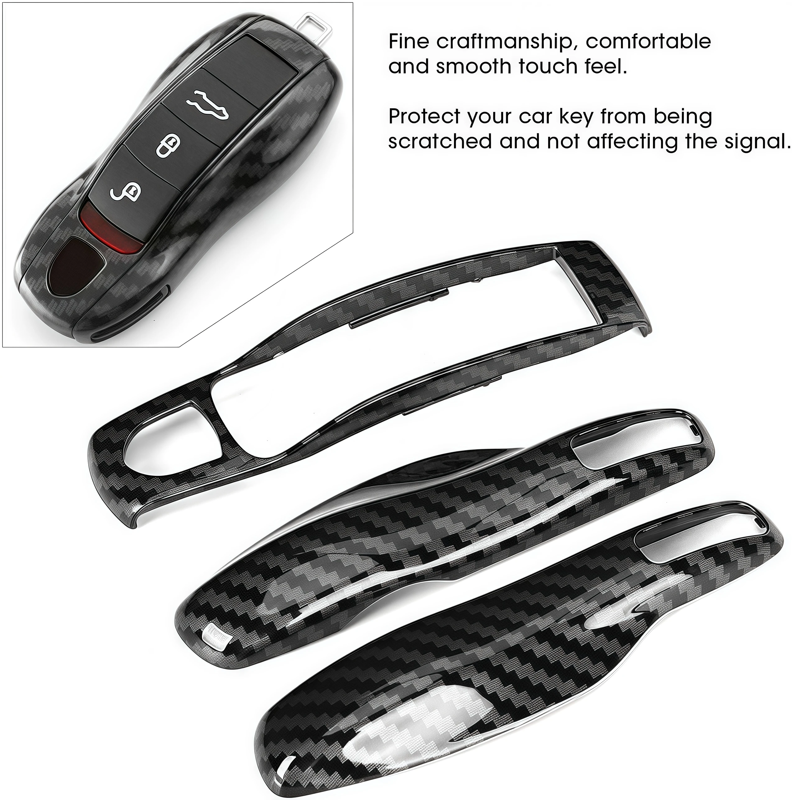 3PC Carbon Fiber Gloss Cover with Middle Center Trim Key Shell Car Key Case Fit For Porsche Cayenne Panamera Macan Cayman