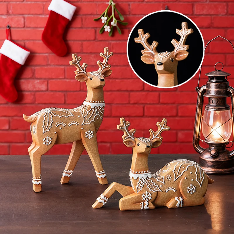 

2026 Nordic Christmas Reindeer Figurine Wooden Statue with Antlers Kawaii Fawn Sculpture for Home Tabletop Mantel Xmas Decor