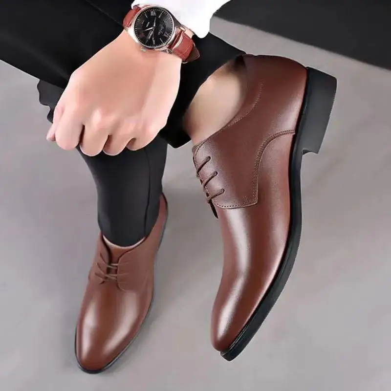 Men Dress Shoes Classic Lace-Up Black Brown Pu Leather Shoes for Men Point Toe Business Casual Men Formal Shoes for Wedding