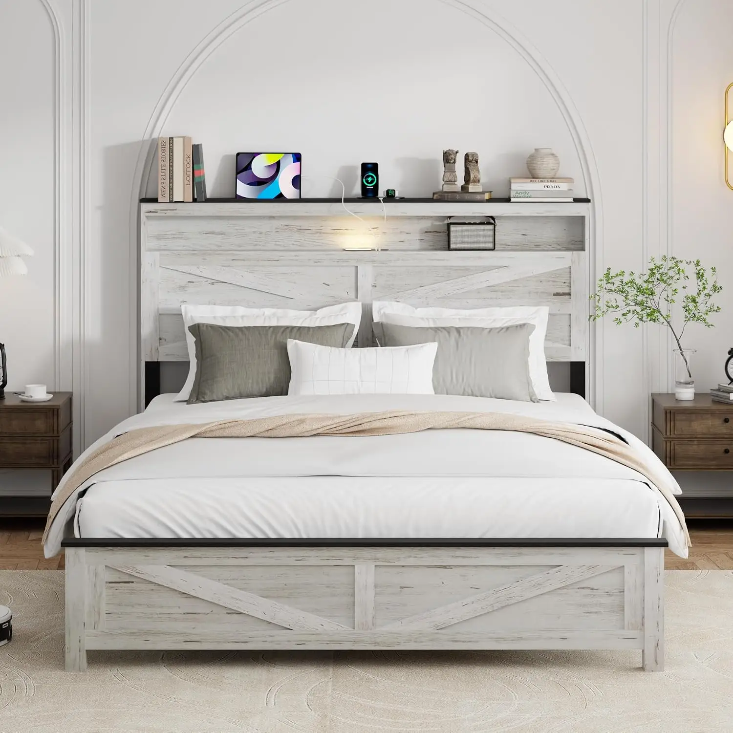 Queen Size Bed Frame with Headboard, Rustic Farmhouse Wood Bed Frame with LED Lights and Charging Station, Easy, Customized